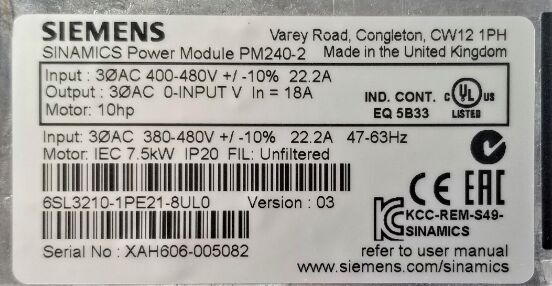 Siemens 6SL3210-1PE21-8UL0 G120 وحدة الطاقة 7.5kW 380-480V AC محرك العاكس